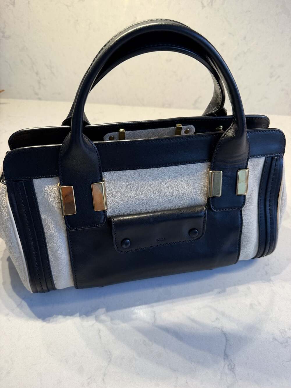 Chloe Alice Satchel Black Off-White Pebbled Leather Gold